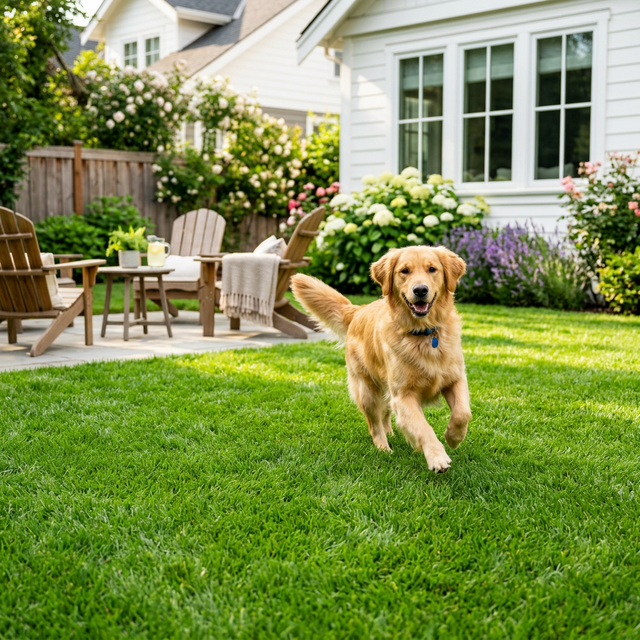 Happy dog in a clean yard